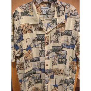 portofino mens‎ XL Hawaiian floral collared shirt linen Blend
